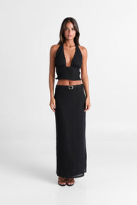 Pamme | Haven Derin V Halter Çift Bağcıklı Sırt Triko Crop Bluz Siyah