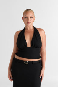Pamme | Haven Derin V Halter Çift Bağcıklı Sırt Triko Crop Bluz Siyah