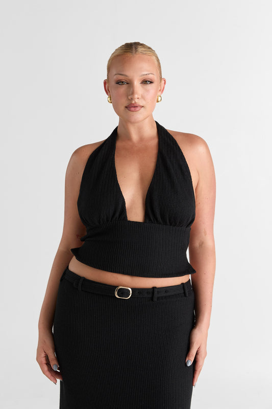 Pamme | Haven Derin V Halter Çift Bağcıklı Sırt Triko Crop Bluz Siyah