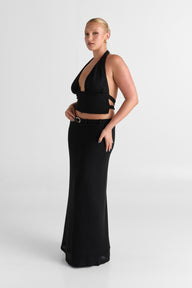 Pamme | Haven Derin V Halter Çift Bağcıklı Sırt Triko Crop Bluz Siyah
