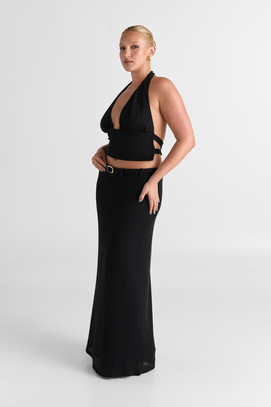Pamme | Haven Derin V Halter Çift Bağcıklı Sırt Triko Crop Bluz Siyah
