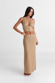 Pamme | Haven Derin V Halter Çift Bağcıklı Sırt Triko Crop Bluz Bej