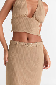Pamme | Haven Derin V Halter Çift Bağcıklı Sırt Triko Crop Bluz Bej