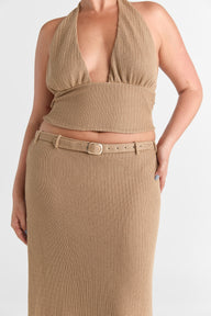 Pamme | Haven Derin V Halter Çift Bağcıklı Sırt Triko Crop Bluz Bej