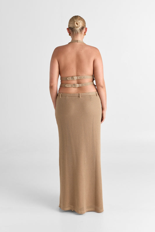 Pamme | Haven Derin V Halter Çift Bağcıklı Sırt Triko Crop Bluz Bej