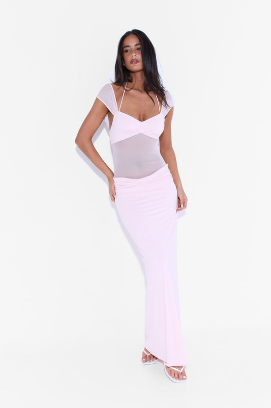 Pamme | Freya Tül Bel Panelli Kap Kollu Maxi Elbise Pembe