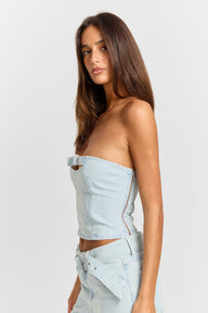 Pamme | Ebony Straplez Denim Korse Bluz Mavi