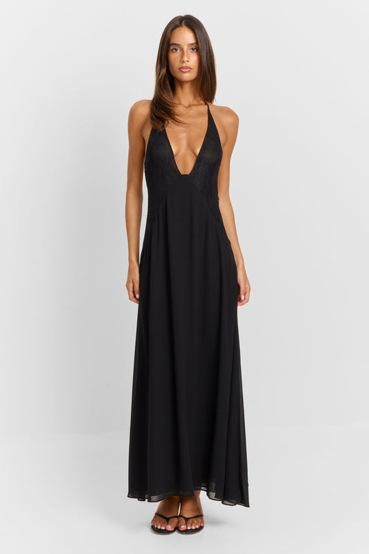 Pamme | Belladonna Halter Yaka Dantel Panelli Maxi Elbise Siyah
