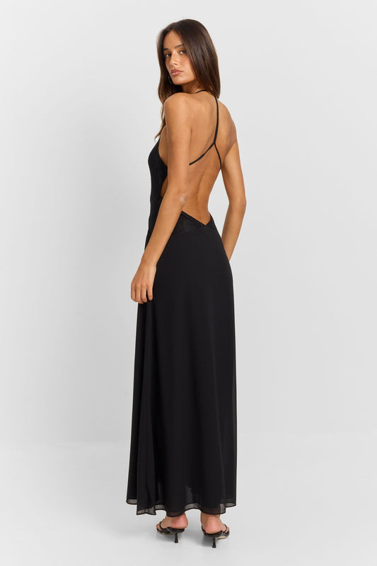 Pamme | Belladonna Halter Yaka Dantel Panelli Maxi Elbise Siyah