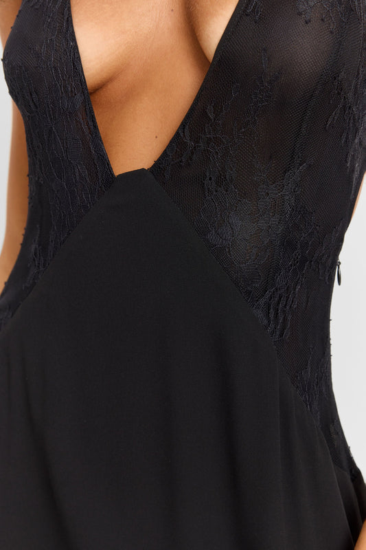 Pamme | Belladonna Halter Yaka Dantel Panelli Maxi Elbise Siyah