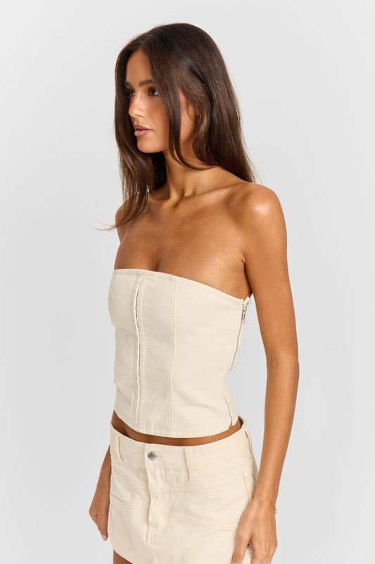 Pamme | Elira Straplez Panelli Denim Korse Bluz Krem