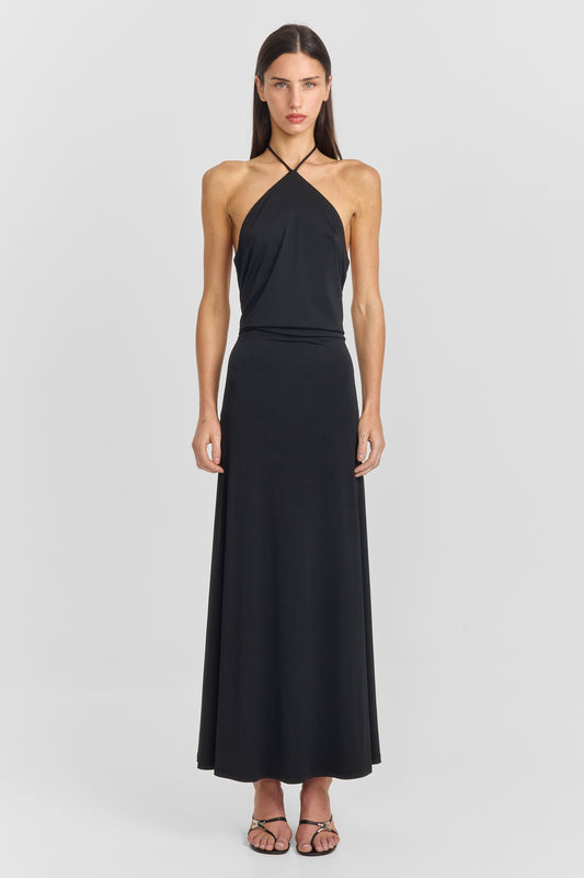 Pamme | Giselle Halter Yaka Sırt Dekolteli Minimal Maxi Elbise Siyah