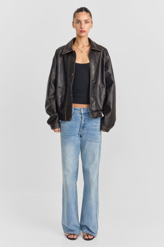Alix Deri Görünümlü Oversize Ceket — Kahve