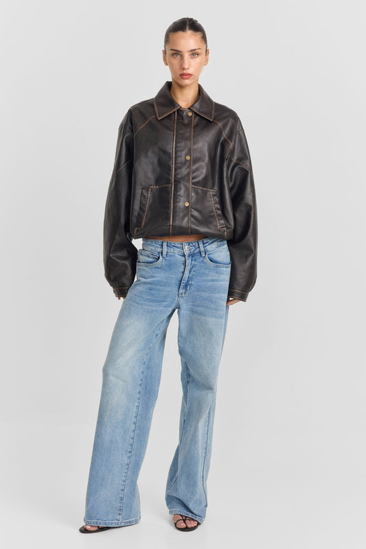 Alix Deri Görünümlü Oversize Ceket — Kahve