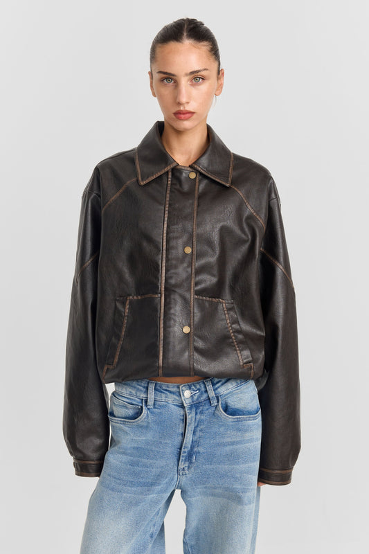 Alix Deri Görünümlü Oversize Ceket — Kahve