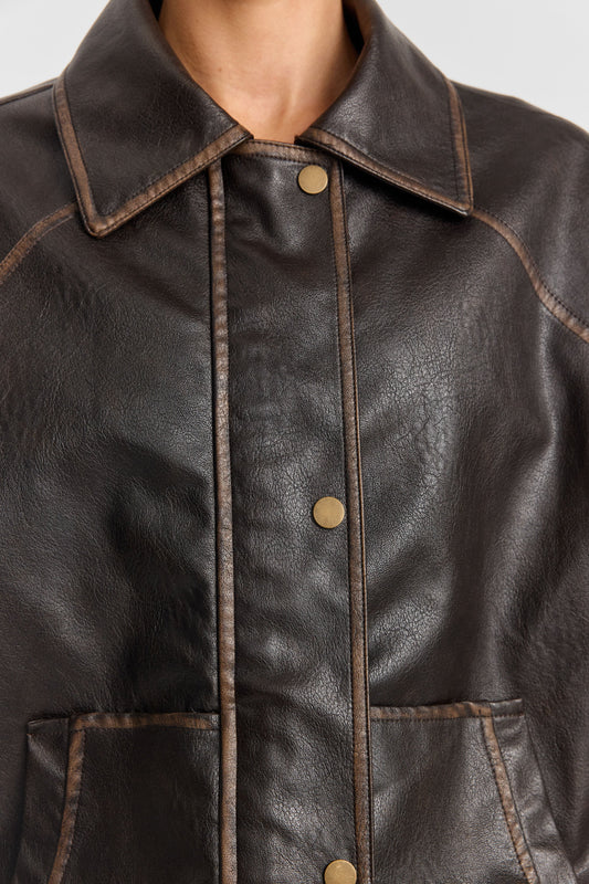 Alix Deri Görünümlü Oversize Ceket — Kahve
