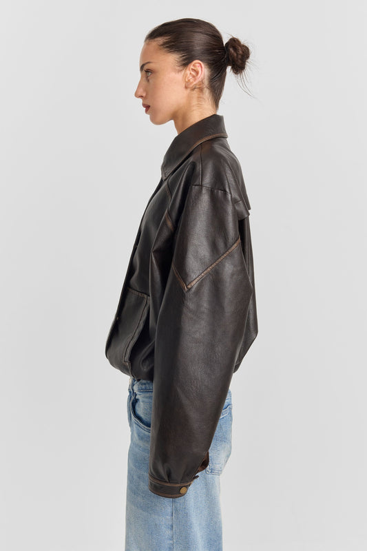 Alix Deri Görünümlü Oversize Ceket — Kahve
