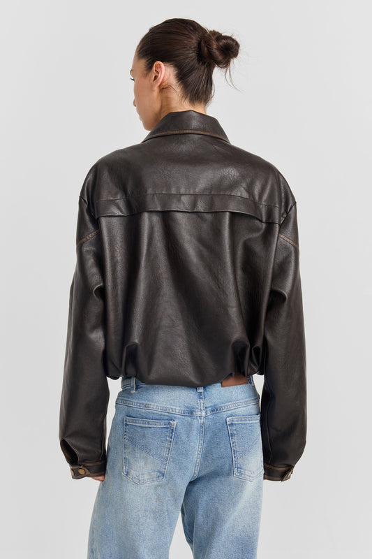 Alix Deri Görünümlü Oversize Ceket — Kahve
