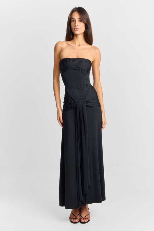 Pamme | Elodie Ayarlanabilir Bağcıklı Drape Detaylı Maxi Elbise Siyah
