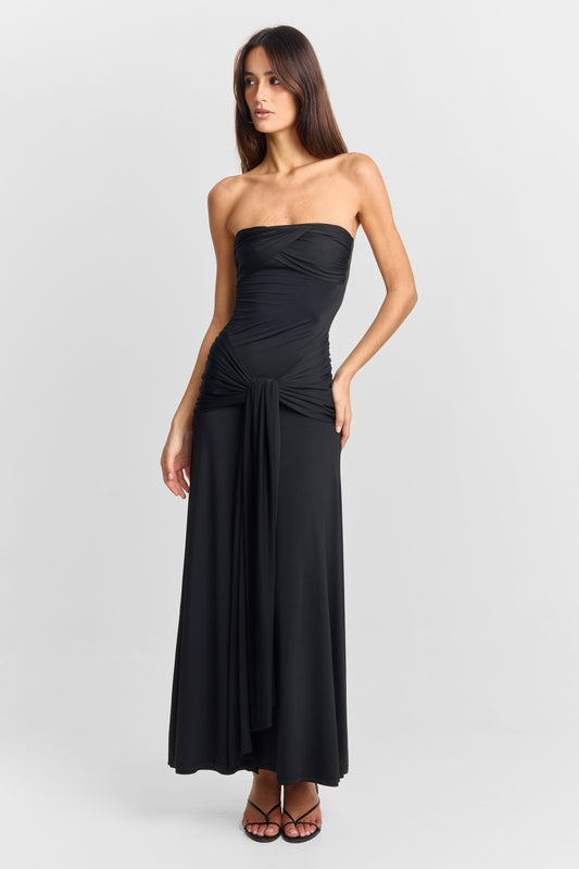 Pamme | Elodie Ayarlanabilir Bağcıklı Drape Detaylı Maxi Elbise Siyah