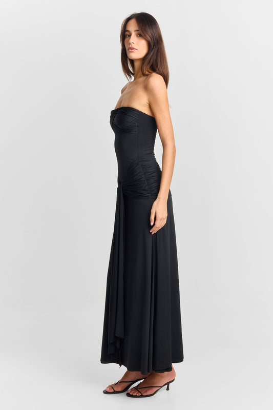 Pamme | Elodie Ayarlanabilir Bağcıklı Drape Detaylı Maxi Elbise Siyah