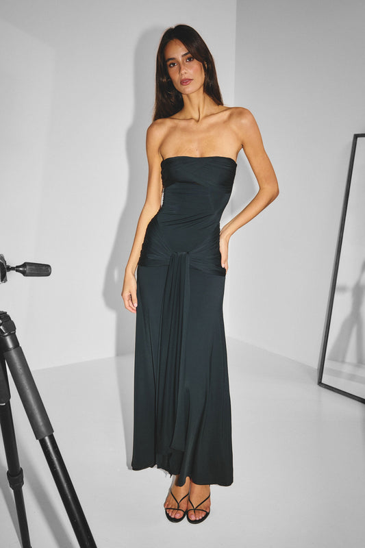 Pamme | Elodie Ayarlanabilir Bağcıklı Drape Detaylı Maxi Elbise Siyah