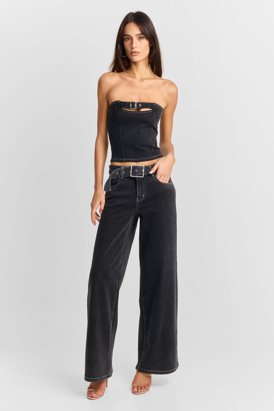 Pamme | Ebony Straplez Denim Korse Bluz Siyah