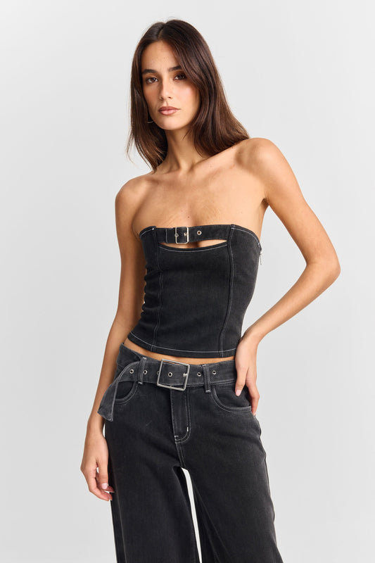 Pamme | Ebony Straplez Denim Korse Bluz Siyah