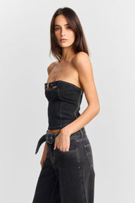 Pamme | Ebony Straplez Denim Korse Bluz Siyah