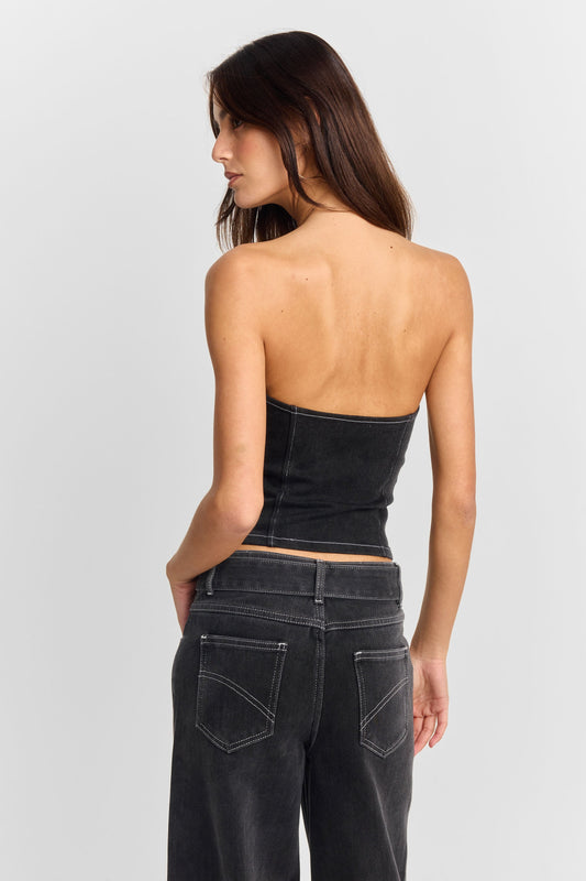 Pamme | Ebony Straplez Denim Korse Bluz Siyah