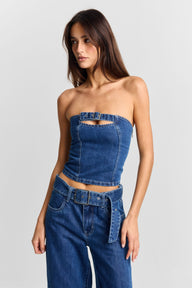 Pamme | Ebony Straplez Denim Korse Bluz Mavi