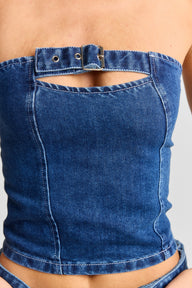 Pamme | Ebony Straplez Denim Korse Bluz Mavi