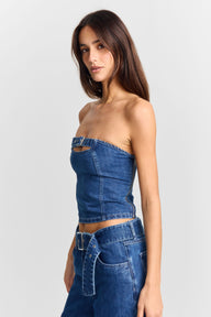 Pamme | Ebony Straplez Denim Korse Bluz Mavi