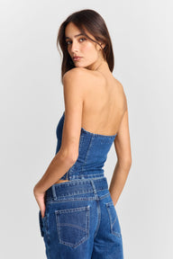 Pamme | Ebony Straplez Denim Korse Bluz Mavi