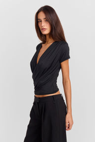 Pamme | Brigitte Kruvaze Yaka Drape Detaylı Bluz Siyah