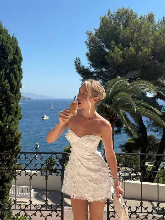 Pamme | Amalfi Çiçek İşlemeli Straplez Mini Elbise Beyaz - Pembe