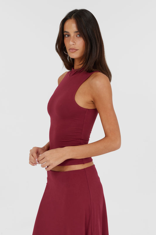 Adeline Mock Yaka Askılı Bluz — Bordo
