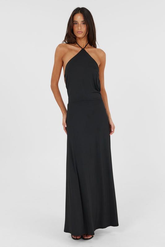 Pamme | Giselle Halter Yaka Sırt Dekolteli Minimal Maxi Elbise Siyah