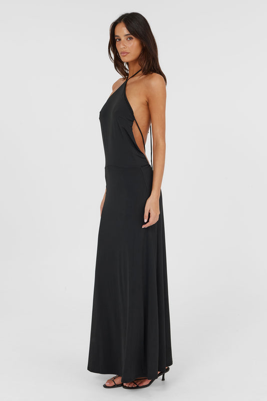 Pamme | Giselle Halter Yaka Sırt Dekolteli Minimal Maxi Elbise Siyah