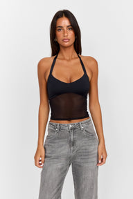 Pamme | Ivy Halter Yaka Tül Bel Panelli Bluz Siyah