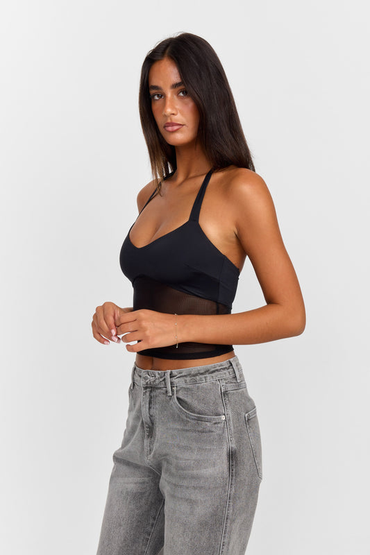Pamme | Ivy Halter Yaka Tül Bel Panelli Bluz Siyah