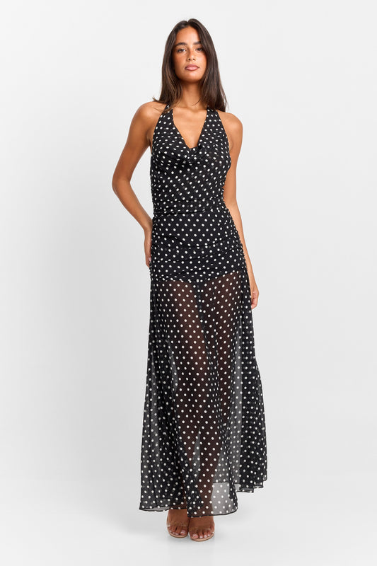 Pamme | Clara Puantiyeli Şifon Drape Yaka Maxi Elbise Siyah