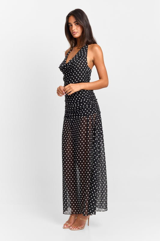 Pamme | Clara Puantiyeli Şifon Drape Yaka Maxi Elbise Siyah