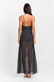 Pamme | Clara Puantiyeli Şifon Drape Yaka Maxi Elbise Siyah