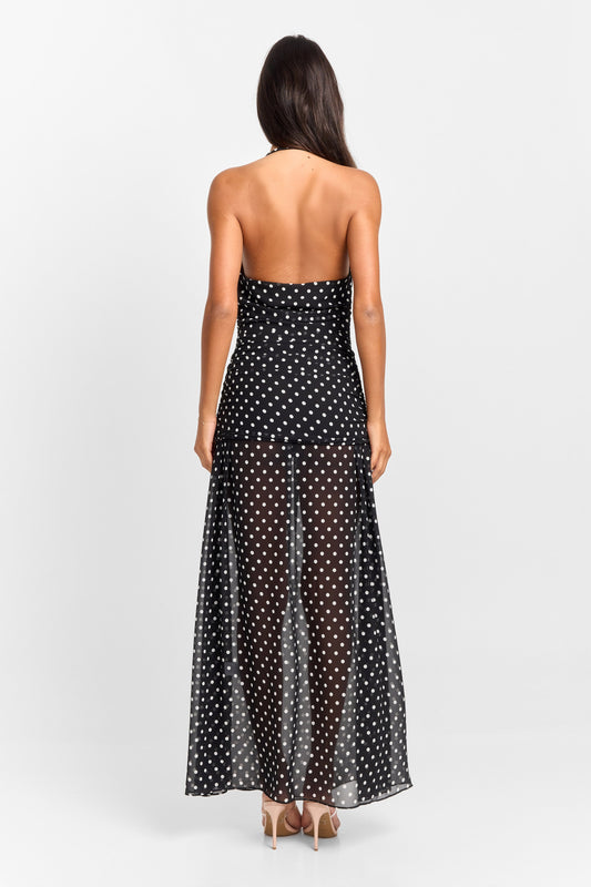 Pamme | Clara Puantiyeli Şifon Drape Yaka Maxi Elbise Siyah