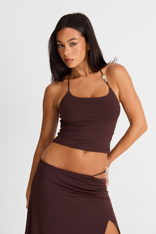 Pamme | Hazel Boncuk Detaylı Halter Bluz Çikolata
