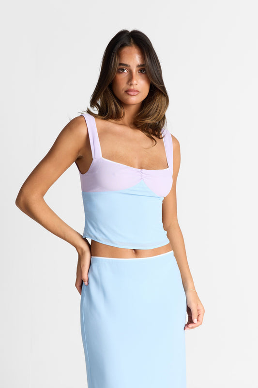 Pamme | Daphne Büzgülü Kalın Askılı Crop Bluz Mavi