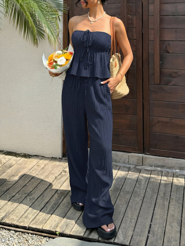 Pamme | Capri Fırfırlı Straplez Üst & Pantolon Takım Mavi