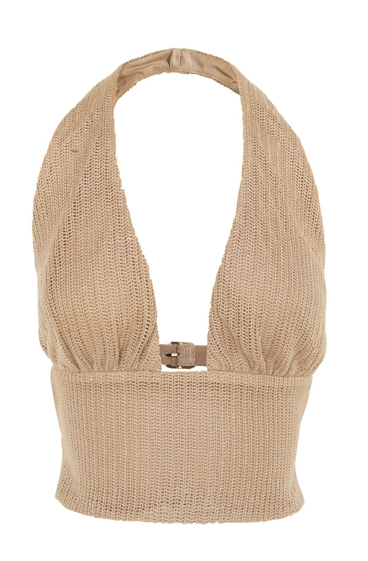 Pamme | Haven Derin V Halter Çift Bağcıklı Sırt Triko Crop Bluz Bej