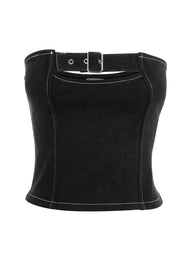 Pamme | Ebony Straplez Denim Korse Bluz Siyah